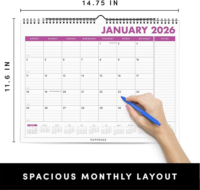 PAPERAGE 2026 Calendar, 12 Months (January 2026 - December 2026), Medium (11.5 in x 14.75 in), Minimalist Wall and Desk Calendar with Monthly Views, Yearly Plans & Notes Section – Raspberry