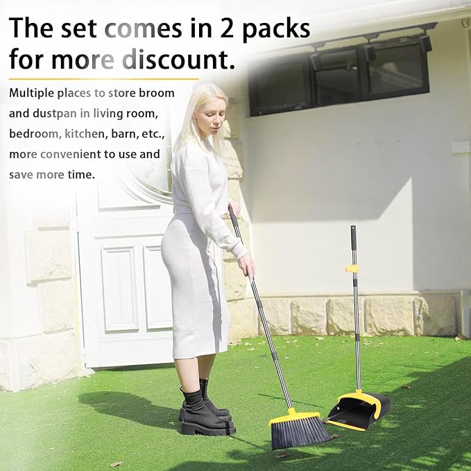 Brooms with Dustpan Combo Set， with 52" Long Handle, Dustpan Teeth with self-Cleaning Function, Indoor and Outdoor Sweeping, Perfect for Home Office (Large/Yellow/ 2-Pack)