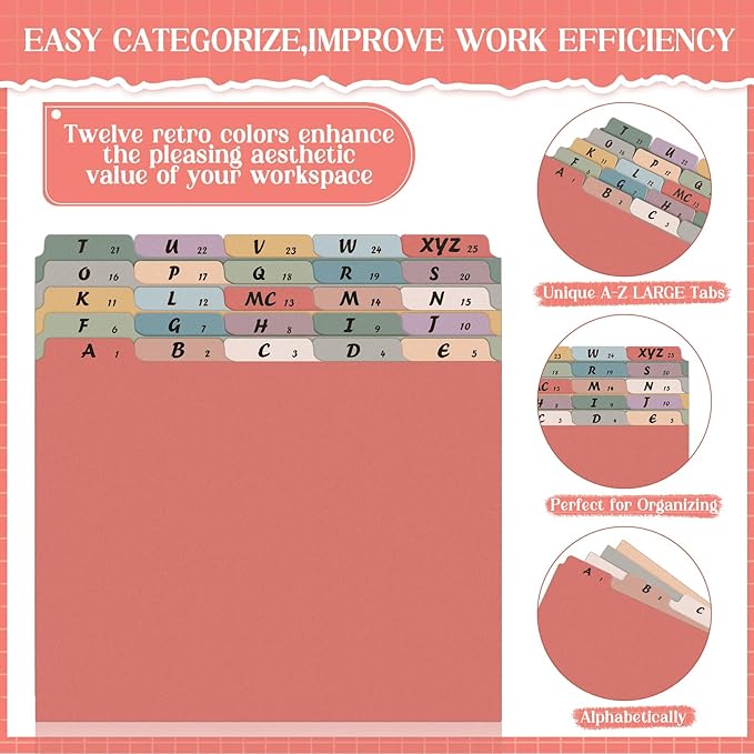 Noveread 1 Set 25 Alphabet File Dividers A-Z Top Tab Letter Size 1/5 Cut Tab Positions Alphabetical Number File Folder Organizer Guides Cabinet and Desk Dividers for School Office Home (Retro)