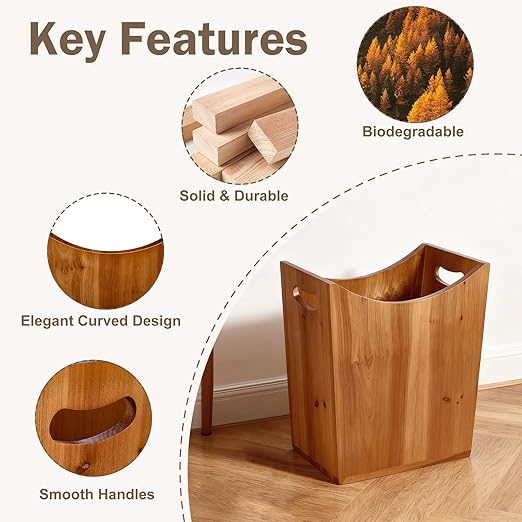 Tenavo 3 Gallons Wooden Bin Wastebasket, Small Trash Can, Decorative Bathroom Trash Can, Waste Basket for Bedroom, Office Garbage Can, Wood Bathroom Accessories
