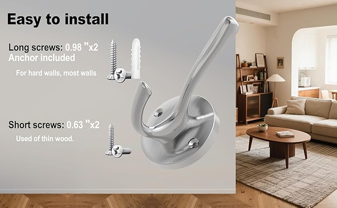 TOFIIGREM Brushed Nickel Wall Hooks Towel Hooks, 2 Pack Coat Robe Hook Heavy Duty Bathroom Double Hook Wall Mounted, Hand Towel Hooks for Closet Entryway Cubicle Kitchen