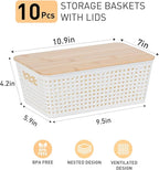 Anywish Storage Bins with Lids 10 Packs, Plastic Storage Bins with Bamboo Lids for Pantry Organization and Storage Containers for Shelves Drawers Desktop Closet Playroom Classroom Office Home, White