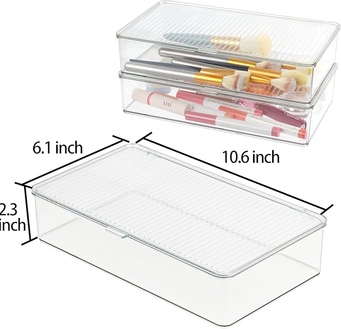 ZEXALOR Pack of 2 Clear Storage Bins with Lids, Small Storage Containers Boxes with Lids, Dresser Organizer, Tea Bag Organizer, Freezer Bin, Plastic Drawer Organizers (10.6×6.1×2.3“)
