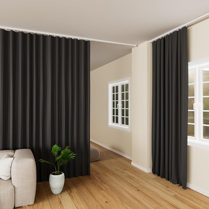 Hoeflife Room Divider Curtains Blackout Floor to Ceiling Curtain with Hook Wall Mount Sliding Door Curtains Ceiling Mount Extra Wide Curtain Wall Divider for Room Separation (Black, W150 x H120 Inch)