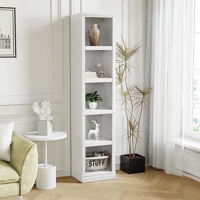 blini 5-Shelf Narrow Bookcase White Wooden Tall Bookshelves Floor Standing Display Storage Shelves Mahogany Bookcase for Home Office, Living Room, Bed Room