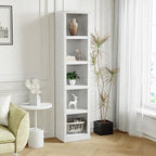blini 5-Shelf Narrow Bookcase White Wooden Tall Bookshelves Floor Standing Display Storage Shelves Mahogany Bookcase for Home Office, Living Room, Bed Room