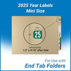 MINI 2025 Year Stickers, Doctor Stuff 2025 Chart Stickers, Green Color Coded, Tab 1287 Style, USA Made Year Labels for End Tab File Folders, 500 Labels/Roll in a Dispenser Box, 1/2" x 1-1/8"