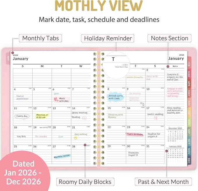 Forvencer 2026 Planner Weekly and Monthly, Jan 2026 -Dec 2026, Vegan Leather Cover Calendar Planner, 8.5" x 11" Agenda with Color Tabs, Inner Pocket, Spiral, 2026 Planner for Office School Supplies
