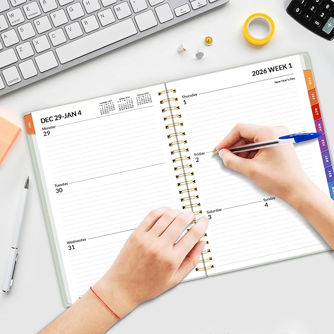 SUNEE 2026 Weekly and Monthly Planner - from January 2026 - December 2026, Daily Agenda Planner with Monthly Tab, Flexible Cover, Note Pages, Pockets, Bookmark, Spiral Binding, Sage Green, 6.4" x 8.3"