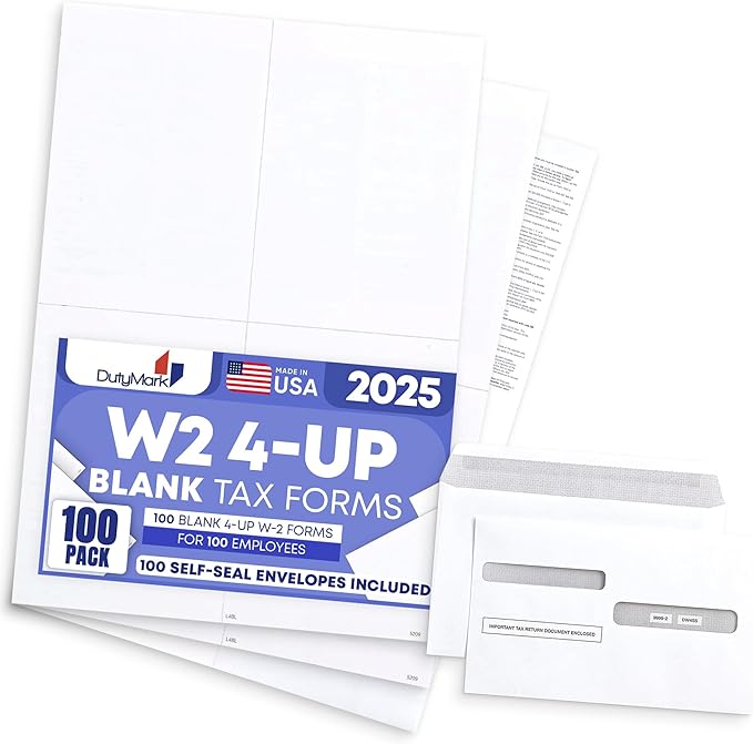 100 W2 Forms 2025 with Envelopes, Blank W2 4 UP Tax Forms, Compatible with QuickBooks, Sage and other programs, Ideal for E-Filing, Laser or Inkjet Printers, 100 Sheets and 100 Self Seal Envelopes