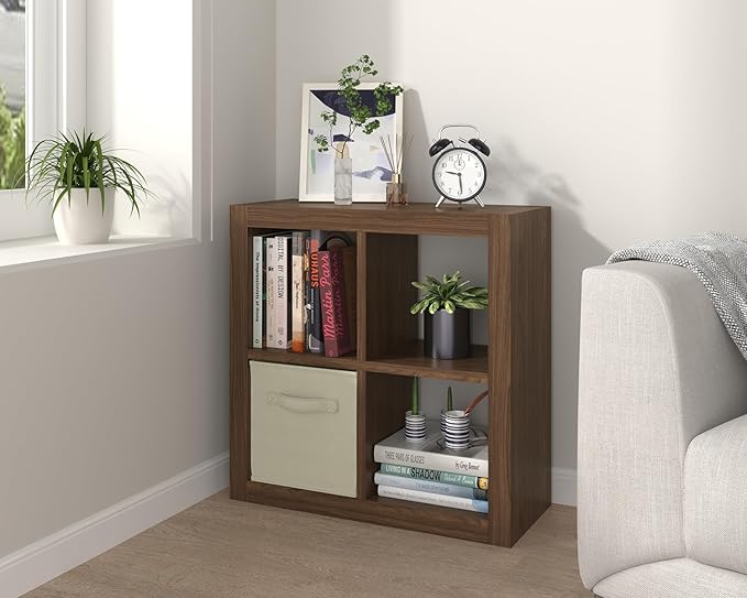 furtble Bookshelf with Storage Bin, 4-Cube Storage Organizer, Modern Wood Open Bookcase, Multifunctional Display Shelf for Living Room, Bedroom, Home Office, Classic Oak