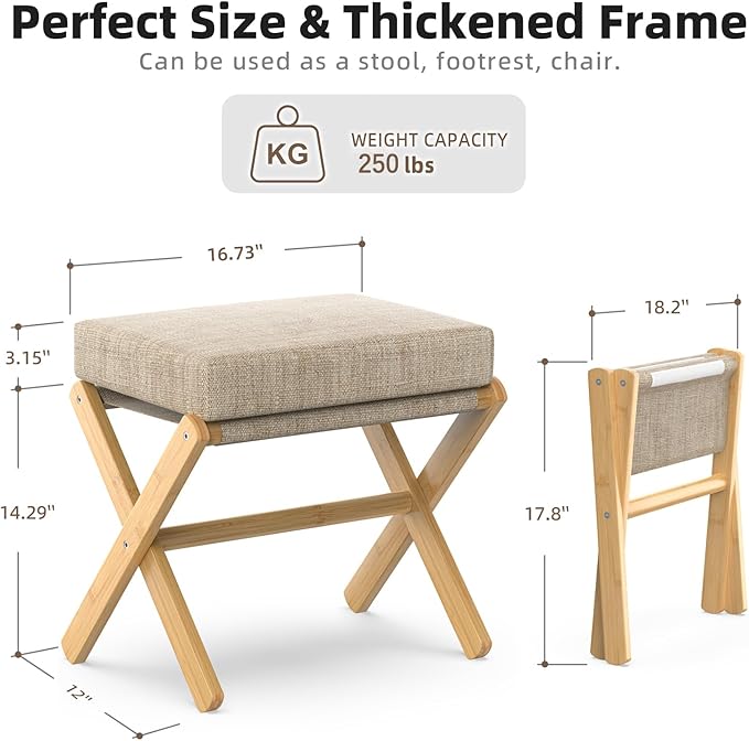 BAMBOOHOMIE Foldable Foot Stool Ottoman, Modern Foot Rest with Bamboo X Legs & Thick Foam Cushion, Folding Foot Stools Small Padded for Bedroom Living Room, Footstool for Chair Couch (Natural - Brown)