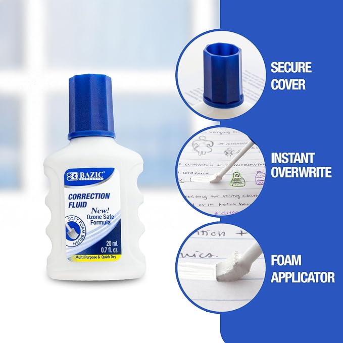 BAZIC Products Correction Fluid (0.7oz/20 ml), Foam Brush Applicator, Corrections Pen, Squeeze White Out Wipe Out Liquid, 12-Pack