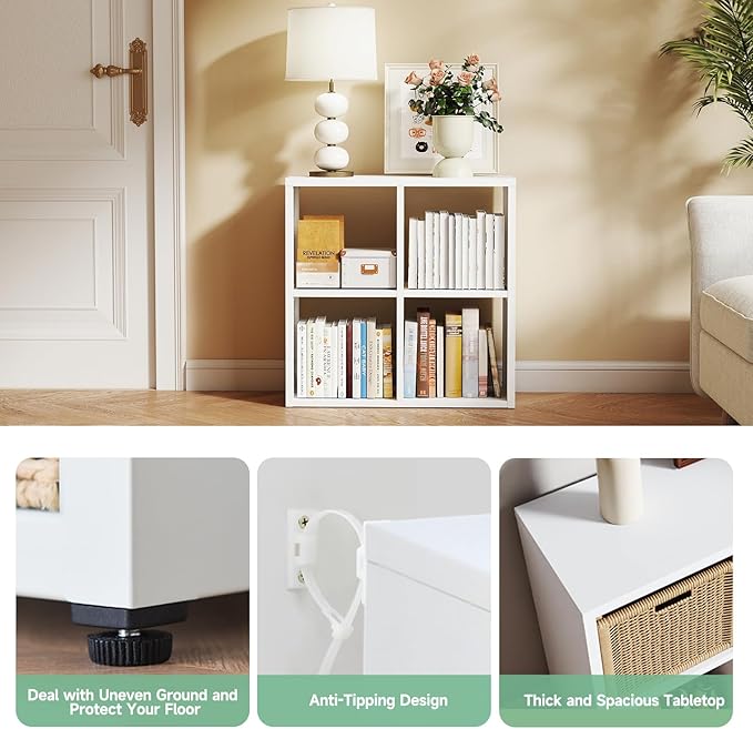 IRONMIX Metal 4 Cube Storage Organizer with 2 Storage Basket, Short Bookshelf with Storage, Horizontal Bookshelf, 2 Tier Open Bookcase Cube Shelf for Home Office Library (White, 700 with Basket)