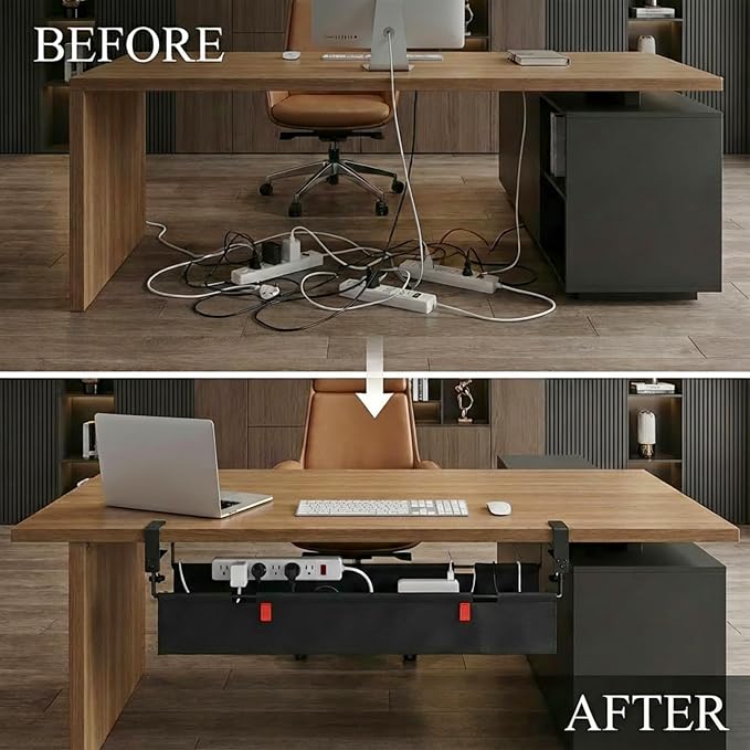 AHOMO [Upgraded] Under Desk Cable Management, 48" Cord Organizer, with Silicone Pads (No Scratch!), 16 Cable Ties, Washable PE Honeycomb Base,Fits Any Desk 0-2.1", No Stinky Cardboard!Black 48"L x 6"W