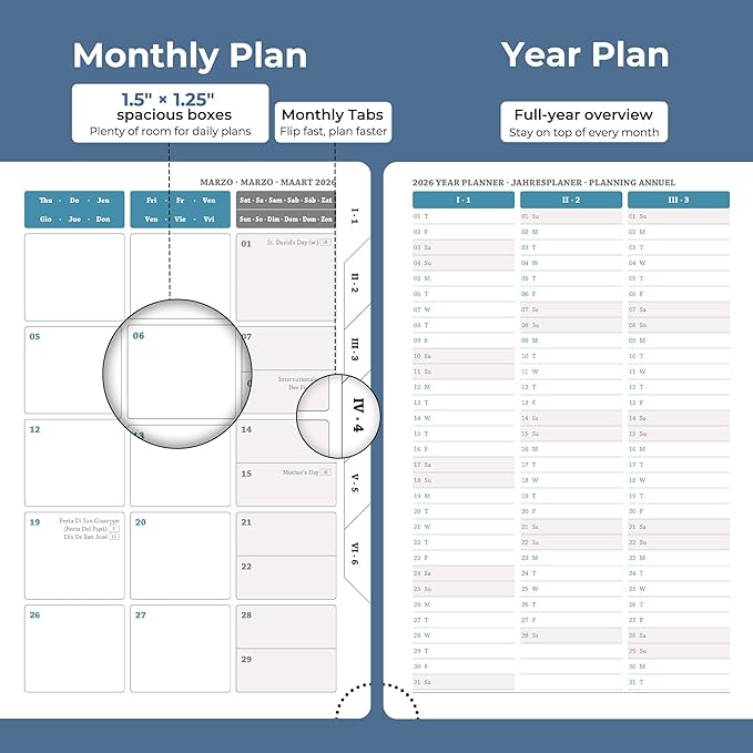 IN-luxpro Daily Planner 2026 with One Page Per Day,(A5-8.5" x 5.9"),12 Months Calendar Hourly Appointment Book Monthly Tabs & Self-adhesive Pen Holder,Inner Pocket, Vegan Leather Hardback,Blue