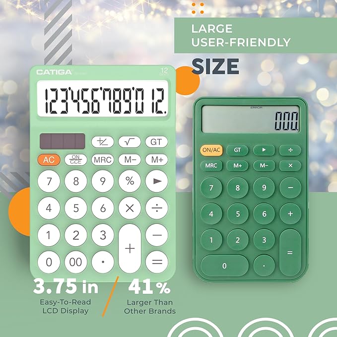 CATIGA 12 Digit Desktop Calculator Basic Desk Calculator with Large LCD Display, Big Buttons, 4 Function, Solar and Battery Dual Power, for Office, School, Home, SD-1292 Mint