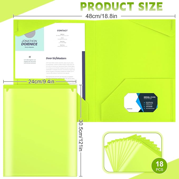 Henoyso 18 Pcs Plastic Folders with Clear Front Pockets Heavy Duty File Folders with 2 Pockets and Card Slot for Student Communication School Office Presentation Report (Fluorescent Green)