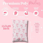 Pretty Package Store 14.5x19 Designer Poly Mailer 100 Pack Heavy Duty Waterproof Self Seal Shipping Bags for Small Business Large Mailing Envelopes Bulk Tear Resistant Packaging Pink Bows Coquette