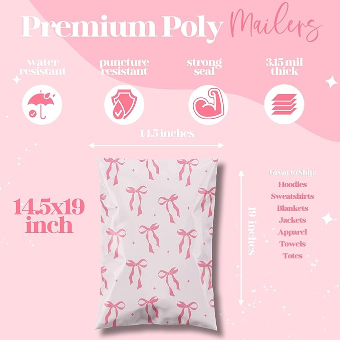 Pretty Package Store 14.5x19 Designer Poly Mailer 100 Pack Heavy Duty Waterproof Self Seal Shipping Bags for Small Business Large Mailing Envelopes Bulk Tear Resistant Packaging Pink Bows Coquette