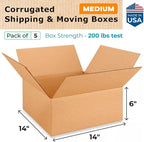 Medium Moving & Shipping Boxes 14 x 14 x 6 inches (5-Pack) - Extra Strength 200 lb vs Regular - Corrugated Strong Boxes for Packaging - Moving Cardboard Box - Corrugated Box by IDL Packaging