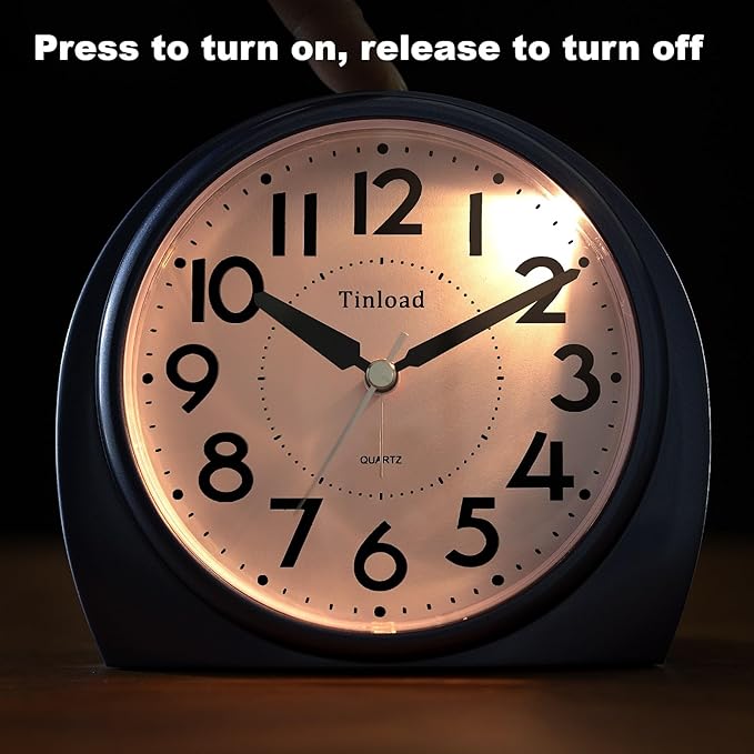 Tinload 5.5" Large Analog Alarm Clock Silent Non Ticking, Gentle Wake, Beep Sounds, Increasing Volume, Battery Operated Snooze and Manual Light, Blue