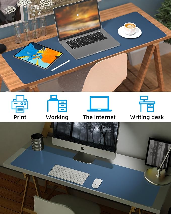Leather Desk Pad Protector, Large Desk Mat, Mouse Pad, Non-Slip PU Leather Desk Blotter,Desk Cover mat,Desk mat for Keyboard and Mouse,Mat for Office&Home (Grey Blue, 48" x 17")