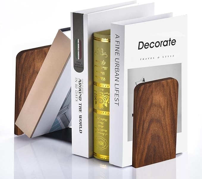 VIVTOB Book Ends, Black Walnut Wooden Bookends for Shelves - Heavy Duty Non-Slip Book Organizers, Upgraded Decorative Bookend Holders for Home, Kitchen, Office, Set of 2, Medium