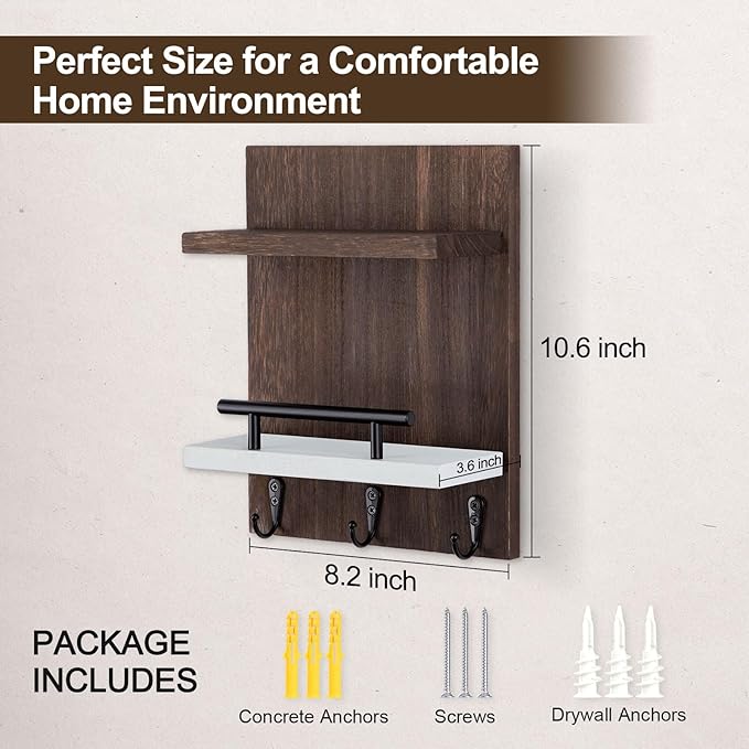 Key Holder Wall Mount, Key Holder With 2 Display Shelf, 3 Hooks for Key, Coat, Dog Leash, Key Hanger with Hook for Mail, Potted Plant, Farmhouse Mail Holder, Entry Way Organizer (Brown & White)