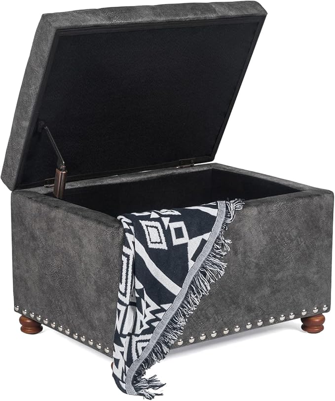 Decent Home 24" Storage Ottoman, Fabric Ottoman Foot Rest Stool with Hinged Lid, Tufted Rectangle Upholstered Footstool, Load Up to 350 lb, for Living Room, Bedroom, Dorm, Grey