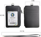 Black ID Badge Holder with Lanyard, Vertical PU Leather ID Badge Card Holder with 1 Clear ID Window, 4 Credit Card Slots and a Detachable Neck Lanyard for Office School Student
