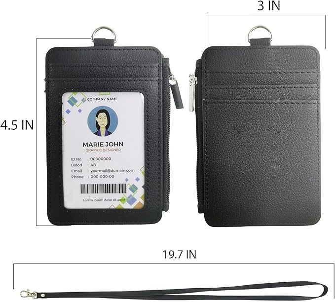 Black ID Badge Holder with Lanyard, Vertical PU Leather ID Badge Card Holder with 1 Clear ID Window, 4 Credit Card Slots and a Detachable Neck Lanyard for Office School Student