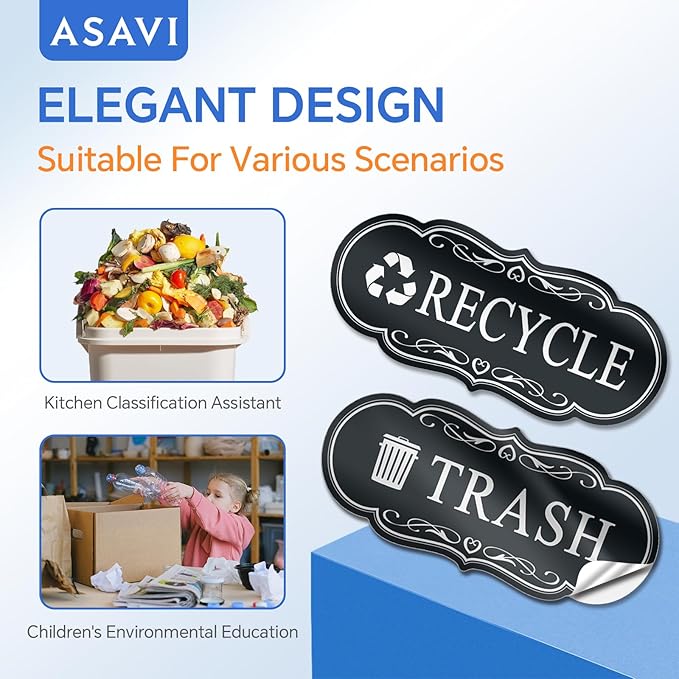 ASAVI Trash & Recycle Stickers – 2-Pack Self-Adhesive Vinyl Labels, Waterproof & Durable (Black, Medium 6.3 x 2.7 inches)