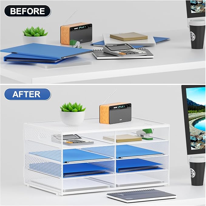 Lavatino 8 Compartments Paper Organizer for Desk, Mesh Literature Organizer, Mail File Sorter Tray with Handle, Desktop Mailbox for Office Classroom Home, White