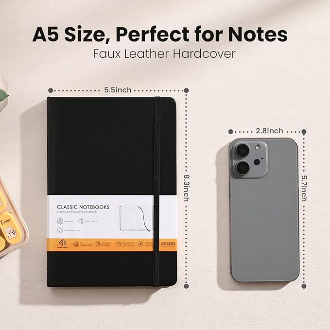 Lined Notebook Journals for Writing 5.5 x 8.2 inches, 160 Pages A5 Size with Expandable Pocket, Hardcover Notebooks for Work, 100GSM Paper (Classic Black 8 Packs)