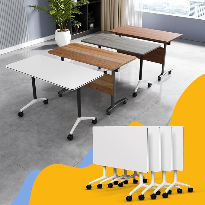 WYMHYZ Conference Table Flip Top Mobile Conference Room Tables,Folding Conference Table with Wheels,Large Meeting Training Seminar Table Saving Space for Office Classroom (4, White, 47.2'')