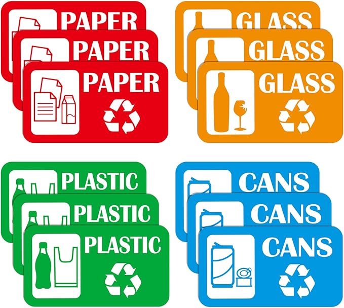 12Pack Recycling Stickers for Trash Cans,Paper Plastic Glass Cans Trash Sorting Stickers for Recycle Bins,Eco-Friendly Trash Can Recycle Signs Indoor & Outdoor Use(3"x5.7")