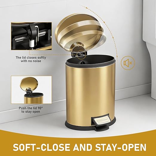 SIMPLYKLEEN Bathroom Trash Can with Lid - 2PC Oval Small Trash Can with Soft-Close Lid, Foot Pedal, Brushed Stainless Steel, Removable Liner, Garbage can for Kitchen, Office, Home Gold