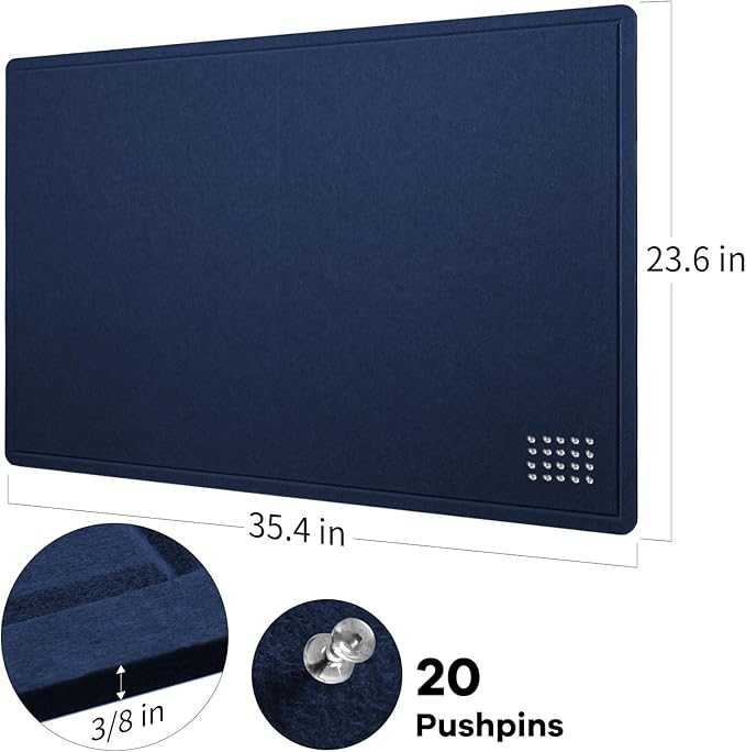 Lightomorrow Bulletin Board, 36 x 24 inches Felt Board - Decorative Pin Board, Cork Board Alternative for Wall, 3' x 2' Foldable Self-Adhesive Vision Board Prayer Board with 20 Pushpins - Dark Blue