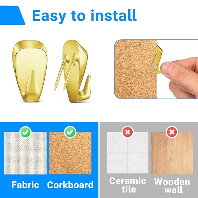 Hufopik 10 Pcs Cubicle Hooks - Fabric Panel Wall Clips for Hanging Coats, Pictures, Supports up to 40 lbs (Gold)