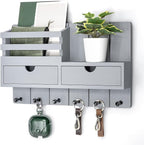 Rebee Vision Decorative Key Holder Wall Mount for Aesthetic Room Decor - Stylish Mail Holder for Wall with 2 Drawer Organizer and 6 Key Hooks - Modern Apartment Essentials (Gray)