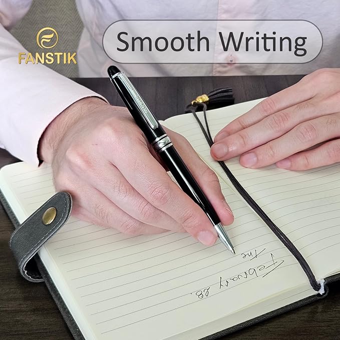 FANSTIK Customized BallPoint pen with name (MADE IN USA), stainless steel, black and silver, luxury engraved pen personalized for men and for women. (BallPoint Black-Silver)