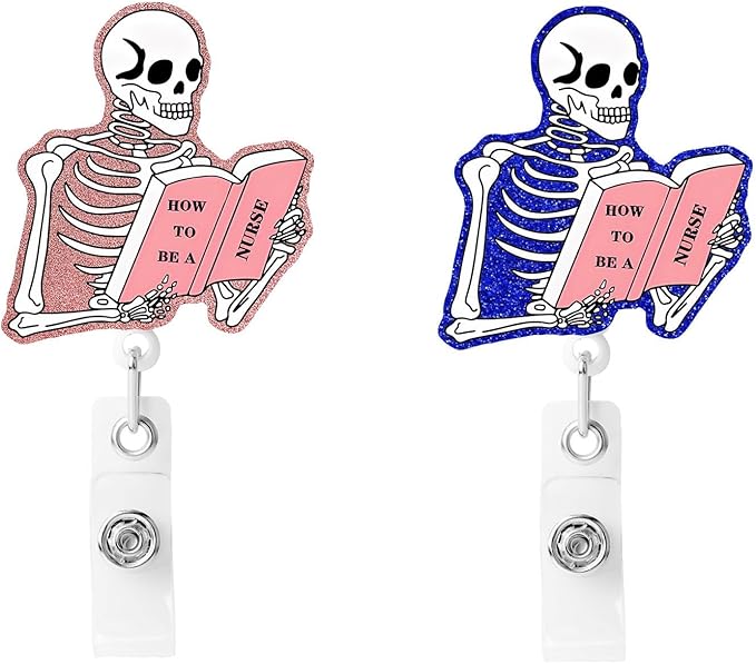 2Pcs Funny Skeleton Office Badge Reel Retractable for Nurse, Doctor, Medical Worker Nursing Student | Cute Pediatric Nurse ID Name Badge Holder 24” Durable Nylon Retractable Cord with Alligator Clip