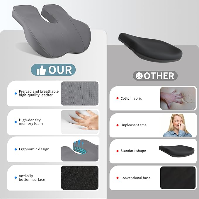 EARJIA Memory Foam Seat Cushion for Office Chair Seat Cushions for Long Sitting Tailbone Pain Relief Anti-Slip Bottom & Removable Leather Cover for Car Gaming Work