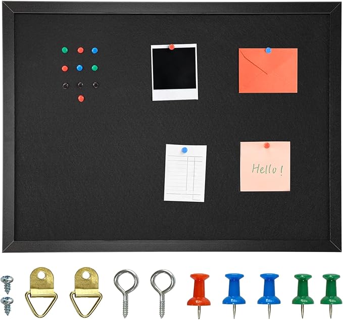OWLKELA 17'' x 23'' Cork Board with Felt, Vision Board and Decorative Hanging Pin Board, Black Framed Display Bulletin Board for Walls, Ideal for Office, School and Home