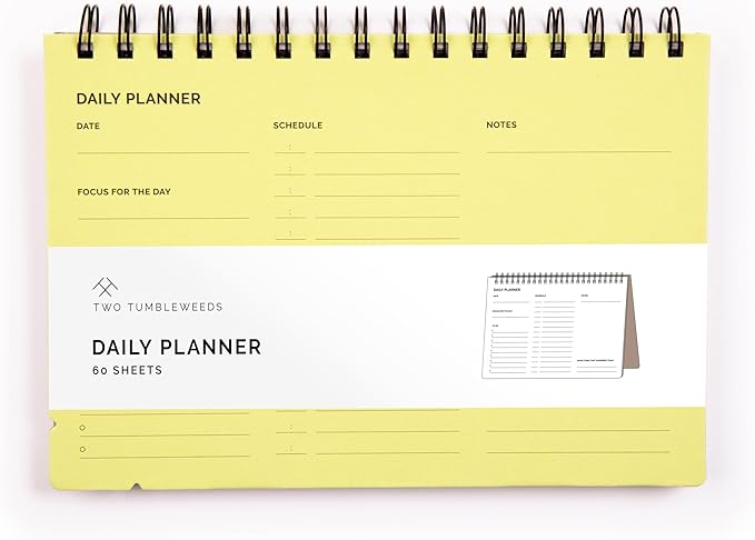 Undated Daily Planner Notebook – Spiral Bound A5 (5.75" x 8.5"), 60 Pages, Yellow Cover | Simple Organizer for Work, School & Personal Goals