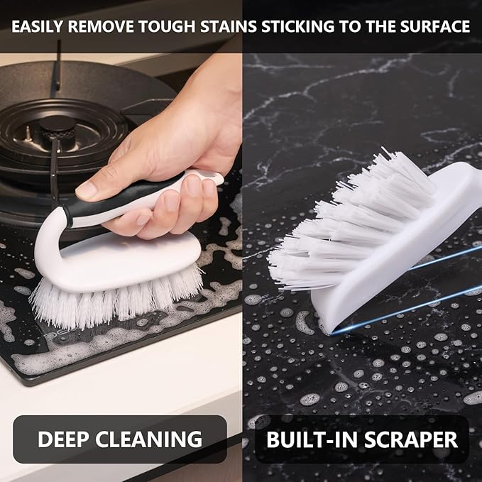 HileSwan Scrub Brush Set, 4 Pack Deep Cleaning Brush Kit - 2 Scrub Brush, 2 Tile & Grout Brush with Built-in Scraper, Household Commercial Scrubber for Floor, Shower, Pool Wall, Tub (Black)