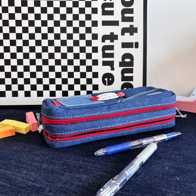 Haumei Canvas Pencil Case Large Capacity, Big Denim Pen Pouch with Zipper, Cute Durable Portable Stationary Storage Bag Organizer for Adults Women, Dark Blue, Button