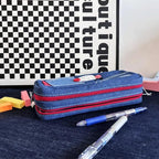 Haumei Canvas Pencil Case Large Capacity, Big Denim Pen Pouch with Zipper, Cute Durable Portable Stationary Storage Bag Organizer for Adults Women, Dark Blue, Button