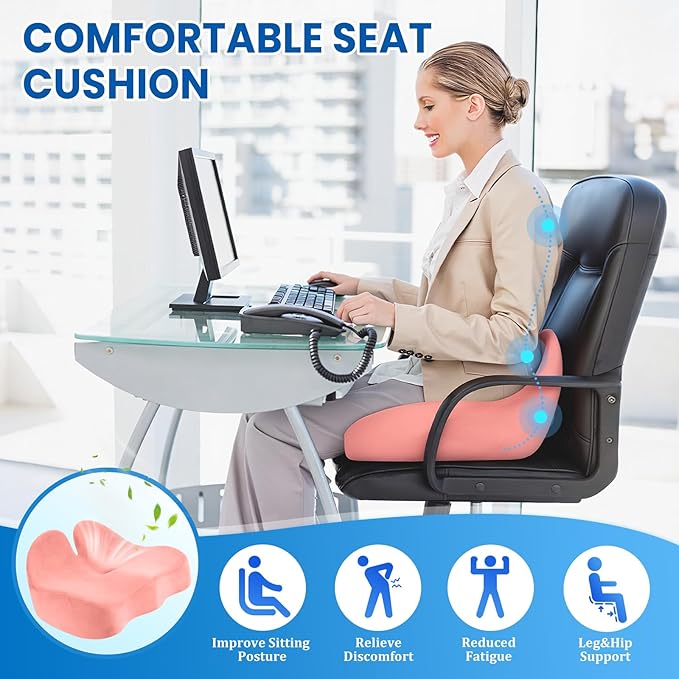 CushZone Seat Cushion, Memory Foam Office Chair Seat Cushion for Office Chairs/Car/Long Trip/Desk Chair/Gaming, Large Size for Sciatica & Hip & Tailbone Pain Relief, Sciatica Support (Pink)